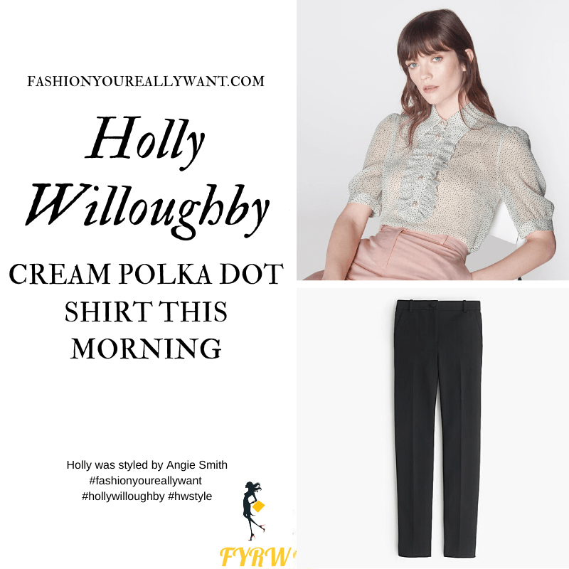Where to get all Holly Willoughby This Morning outfts blog May 2020 cream polka dot frill short sleeve blouse slim black trousers