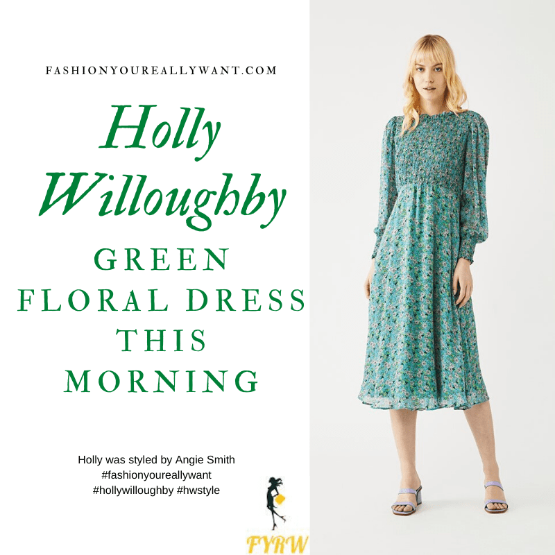 Where to get all Holly Willoughby This Morning outfits blog May 2020 green blue floral long sleeve midi dress shirred bodice