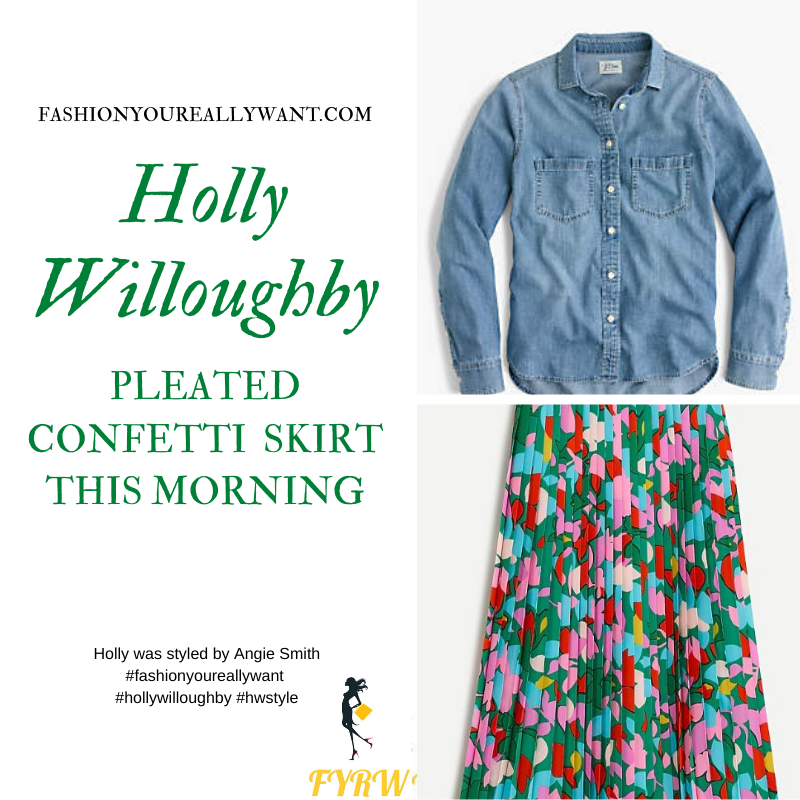 Where to get all Holly Willoughby This Morning outits blog May 2020 blue chambray denm shirt green pink blue yellow pleated skirt