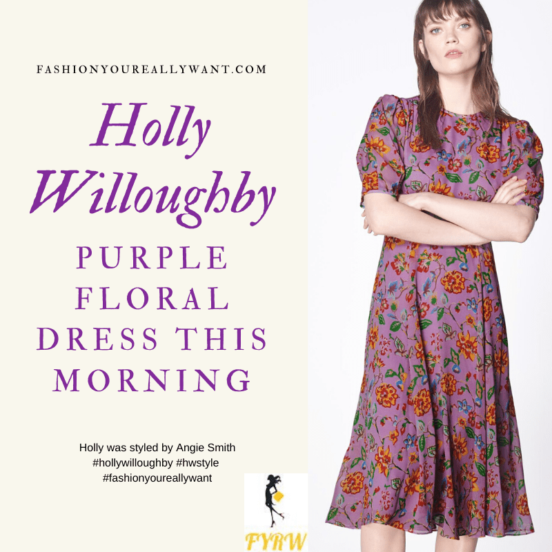 Where to get all Holly Willoughby This Morning outfits blog May 2020 purple floral short sleeve midi tea dress