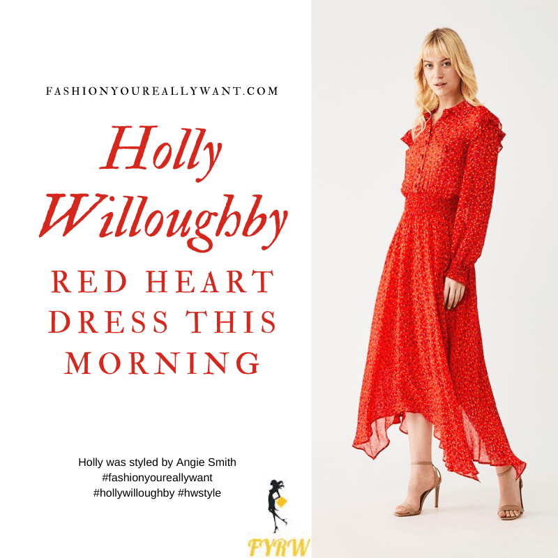 Where to get all Holly Willoughby his Morning outfits blog May 2020 red long sleeve shirt dress with heart print frill shoulder dippy hem