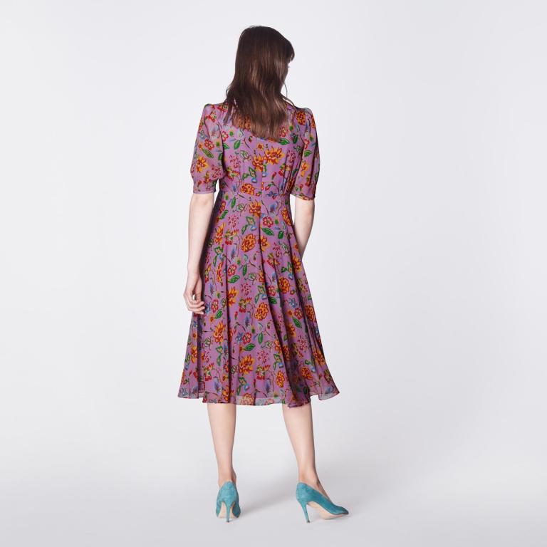 LK Bennett Garland Purple 1940s Floral Print Silk Dress back view