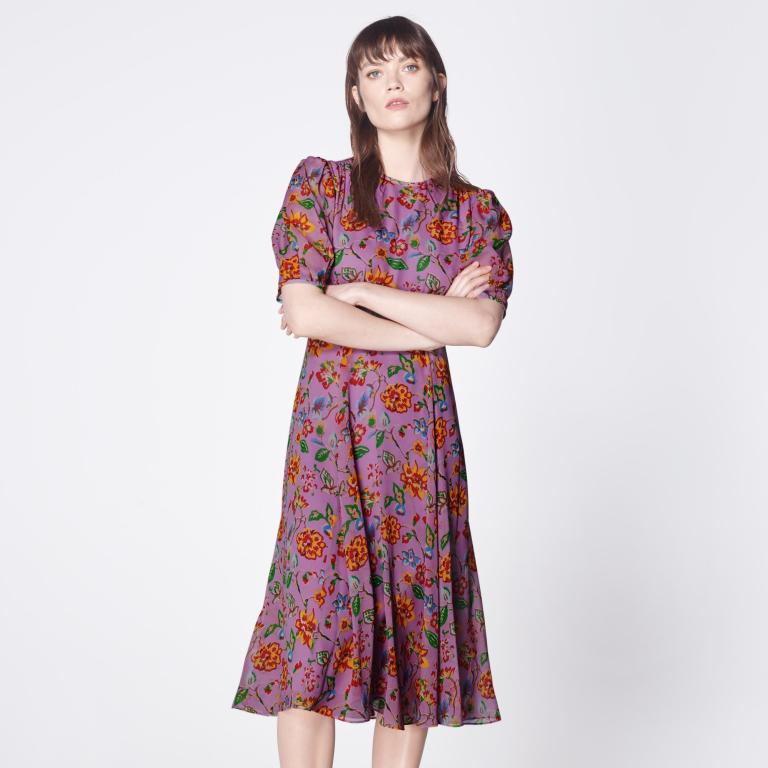 LK Bennett Garland Purple 1940s Floral Print Silk Dress