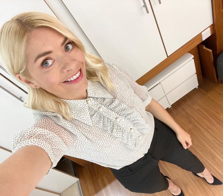 where to get all Holly Willoughby this Morning outfits cream pola dot frill blouse black trousers 4 May 2020 Photo holly Willoughby