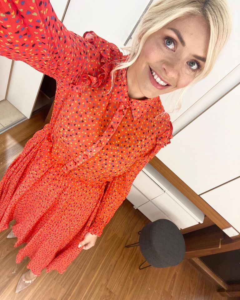 where to get all Holly Willoughby This Morning outfits red shirt dress with small coloured heart 12 May 2020 Photo Holly willoughby