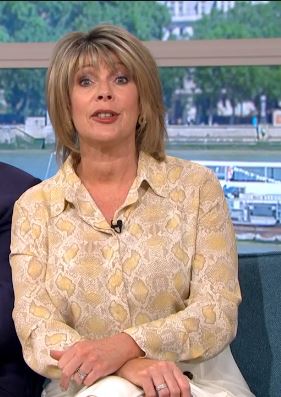 where to get Ruth Langsford this Morning outfits yellow beige snake print shirt 28 May 2020 Photo ITV