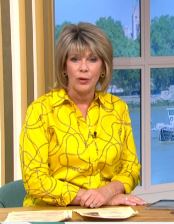 where to get ruth Langsford yellow chain print shirt This Morning 15 May 2020 Photo ITV