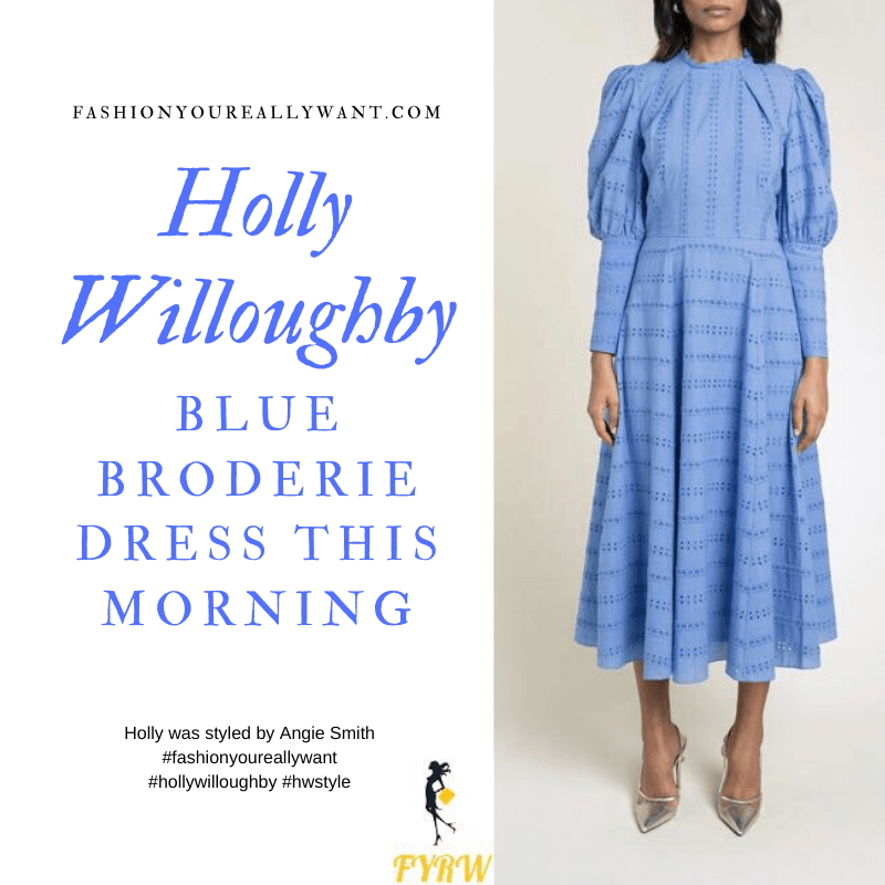Where to get all Holly Willoughby outfits blog June 2020 blue long sleeve broderie anglaise midi dress
