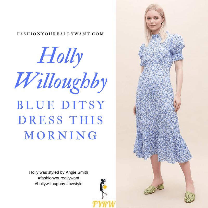 Where to get all Holly Willoughby This Morning outfits blog June 2020 high neck puff sleeve ditsy blue midi dress