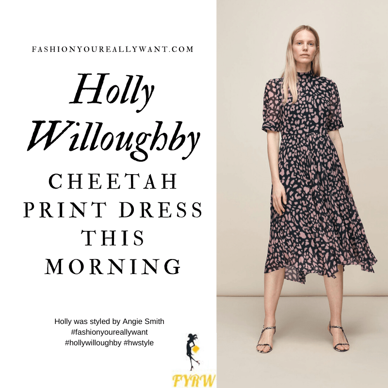 Where to get all Holly Willoughby This Morning outfits blog June 2020 pink and black animal cheetah print midi dress short sleeves