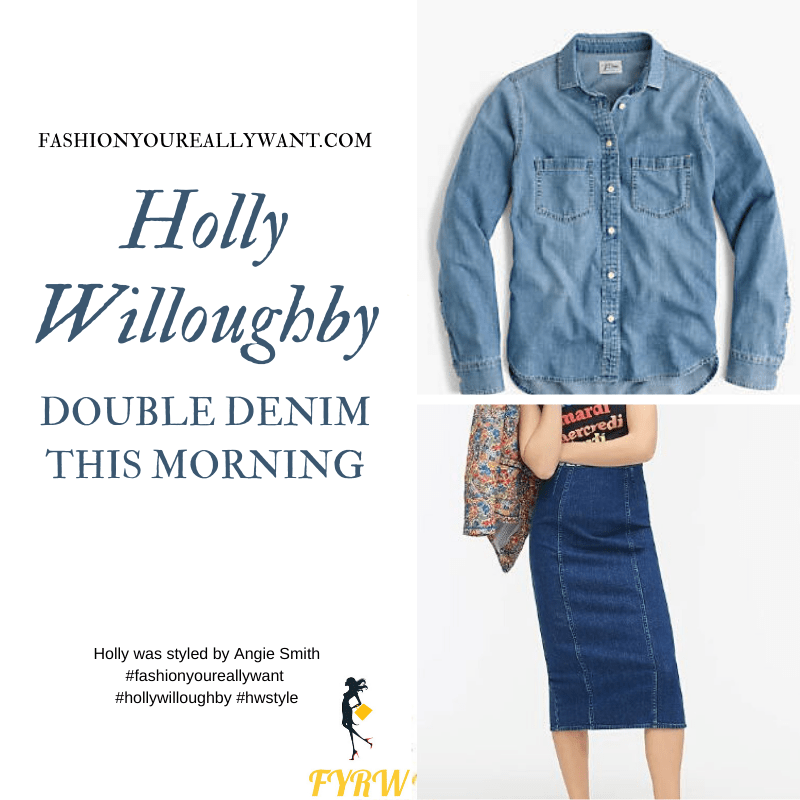 Where to get all Holly Willoughby This Morning outfits blog June 2020 blue chambray denim shirt dark blue denin pencil skirt