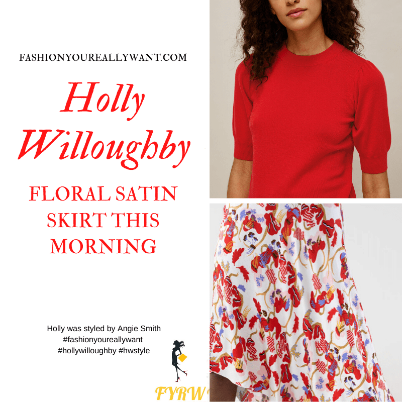 Where to get all Holly Willoughby This Morning outfits blog June 2020 white satin asymmetric floral skirt red and purple red short sleeve knit top