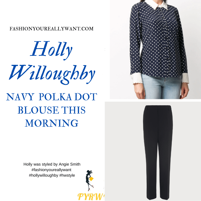 Where to get all Holly Willoughby This Morning outfits blog June 2020 navy blouse white polka dots white collar navy trousers