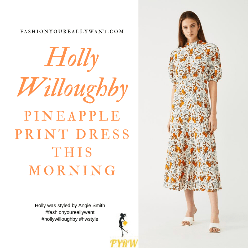 Where to get all Holly Willoughby This Morning outfits blog June 2020 white orange pineapple print midi dress short sleeves high neck