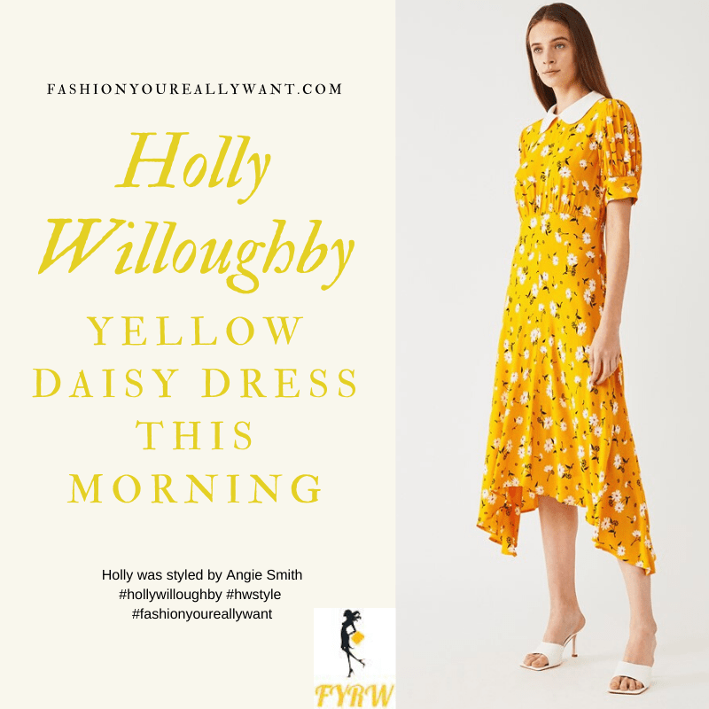 Where to get all Holly Willoughby This Morning outfits blog June 2020 yellow dress with white daisies asymmertic hem Peter Pan collar