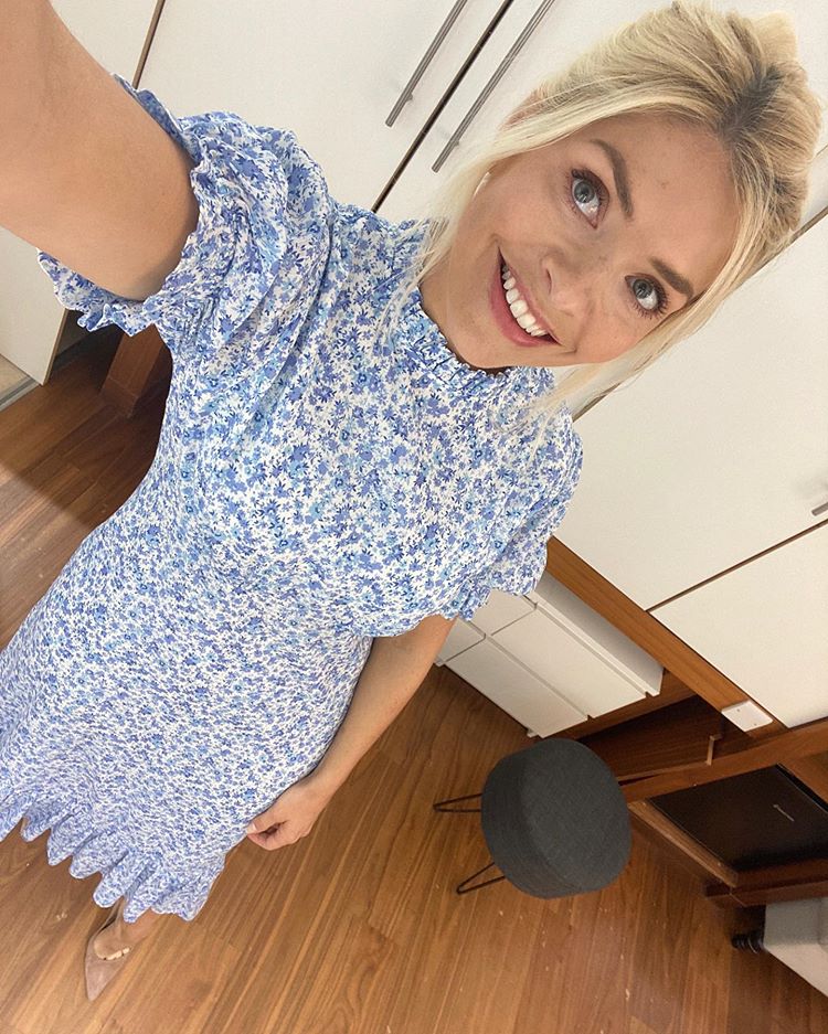 where to get all Holly Willoughby This Morning dresses blue white ditsy print high neck dress 16 June 2020 Photo Holly Willoughby