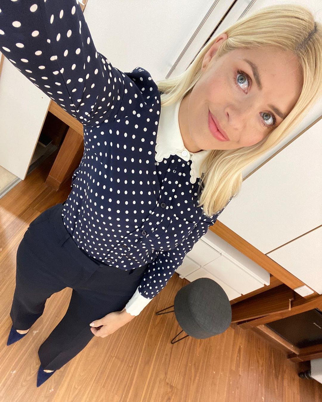 where to get all holly willoughby This Morning outfits navy blue and white polka dot shirt navy trousers 4 June 2020 Photo Holly Willoughby
