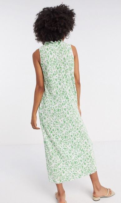ASOS DESIGN plisse midi dress with frill neck in green floral back view