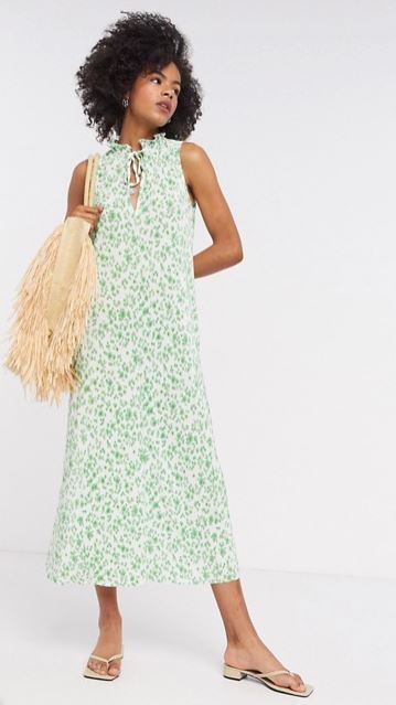 ASOS DESIGN plisse midi dress with frill neck in green floral