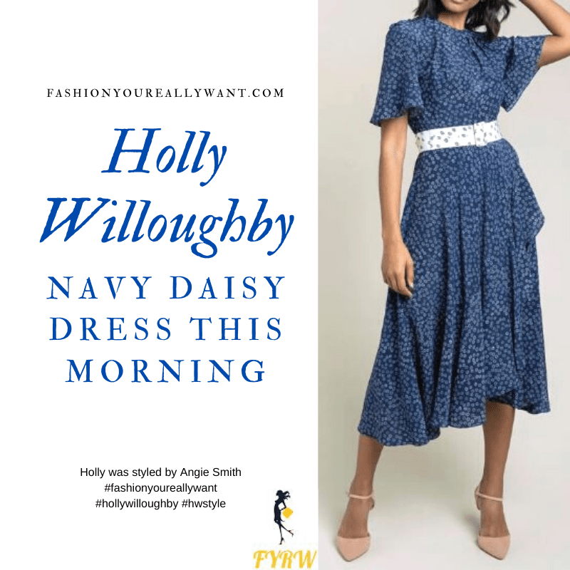 Where to get all Holly Willoughby This Morning outfits blog July 2020 navy midi dress with flutter sleeve white daisy print and white belt
