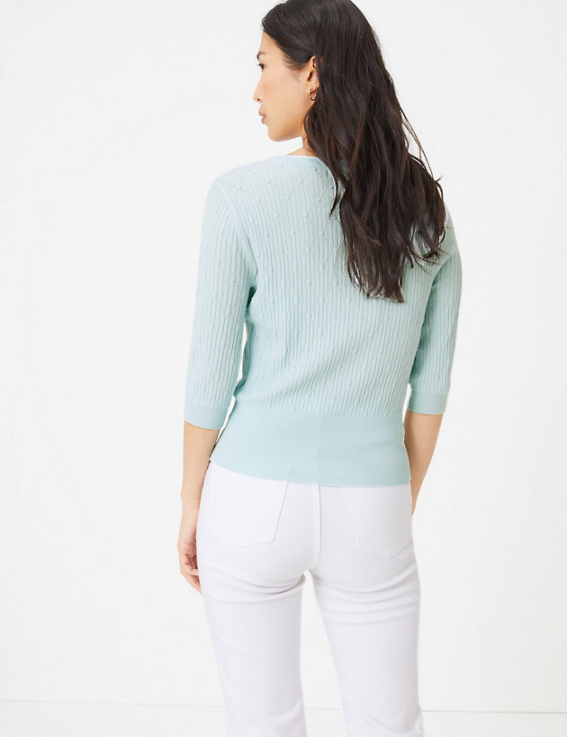 M&amp;S Collection Textured knitted v neck top back view