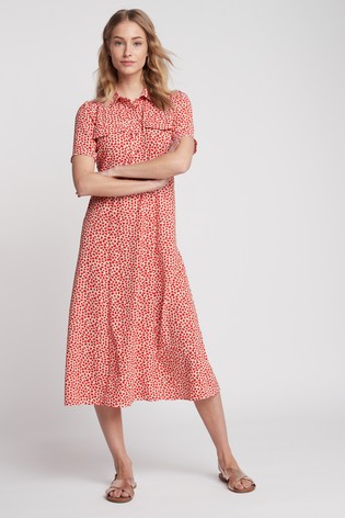 Red Geo Print Midi Shirt Dress