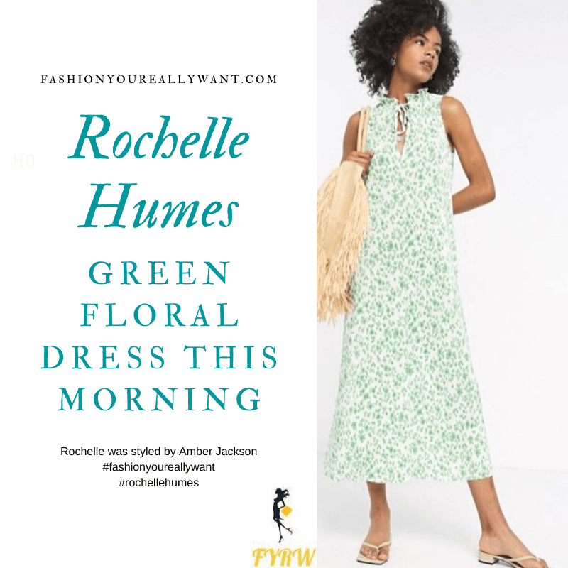 where to get all Rochelle Humes this Morning outfits bog July 2020 white and green floral frill neck midi dress white heeled mules