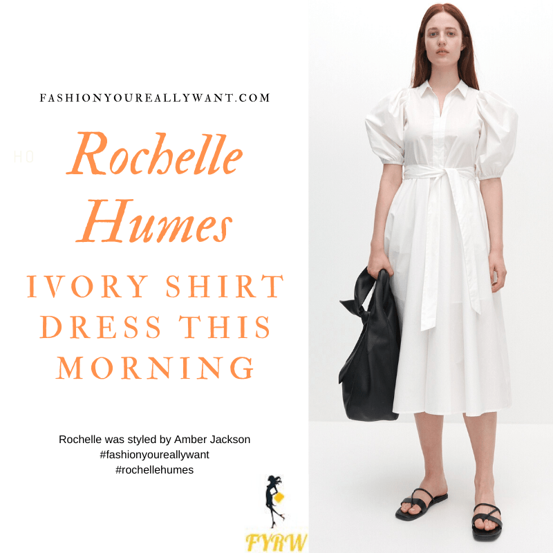 How to Find Rochelle Humes  This Morning outfit today blog July 2020 white puff sleeve shirt dress white knot mules
