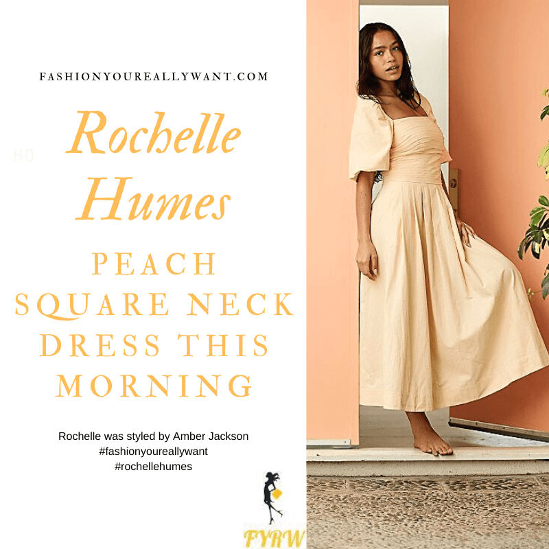 Where to get Rochelle Humes This Morning outfits blog July 2020 peach square neck puff sleeve midi dress caramel mules