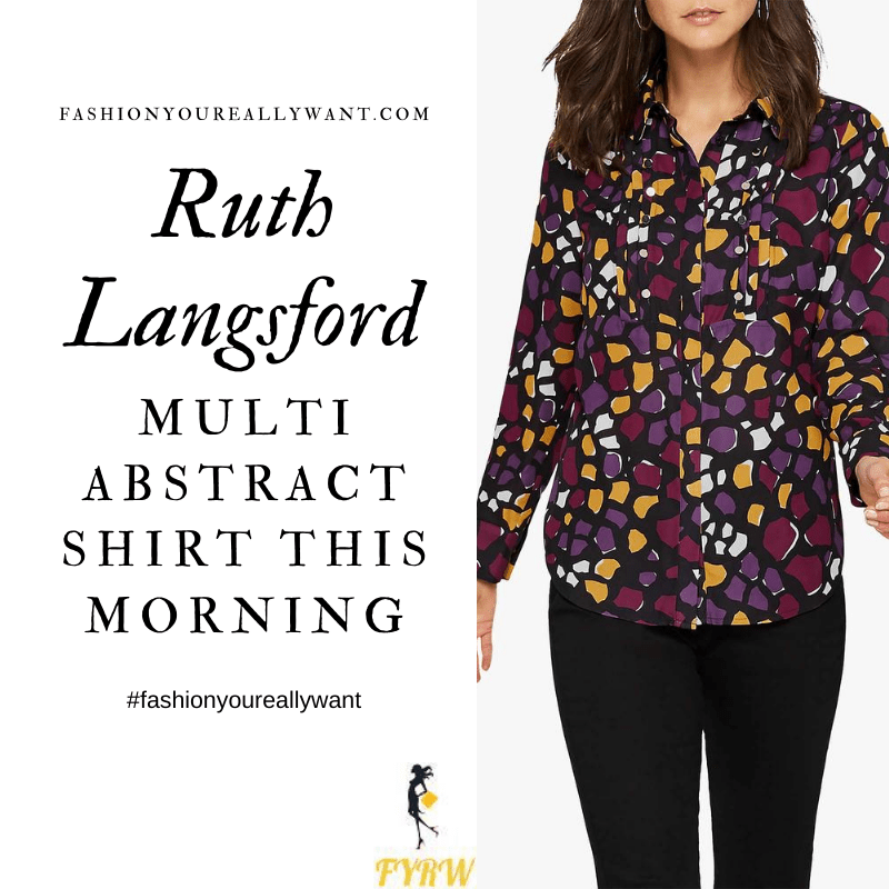 Where to get all Ruth Langsford This Morning outfits blog July 2020 black purple yellow white abstract print shirt black skirt