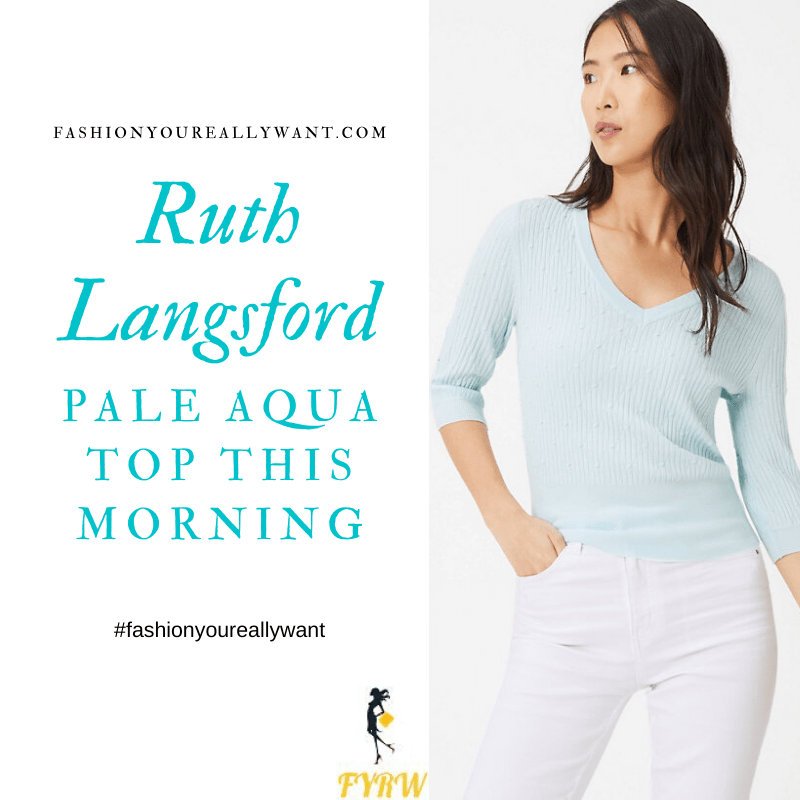 Where to get all Ruth Langsford this Morning outfits blog July 2020 aqua blue v neck elbow length sleeve black trousers snakeskin court shoes