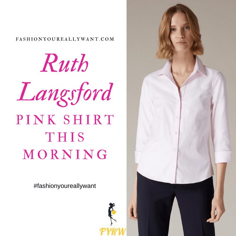 Where to get all Ruth Langsford This Morning outfits blog July 2020 pale pink shirt black trousers pink snakeskin court shoes