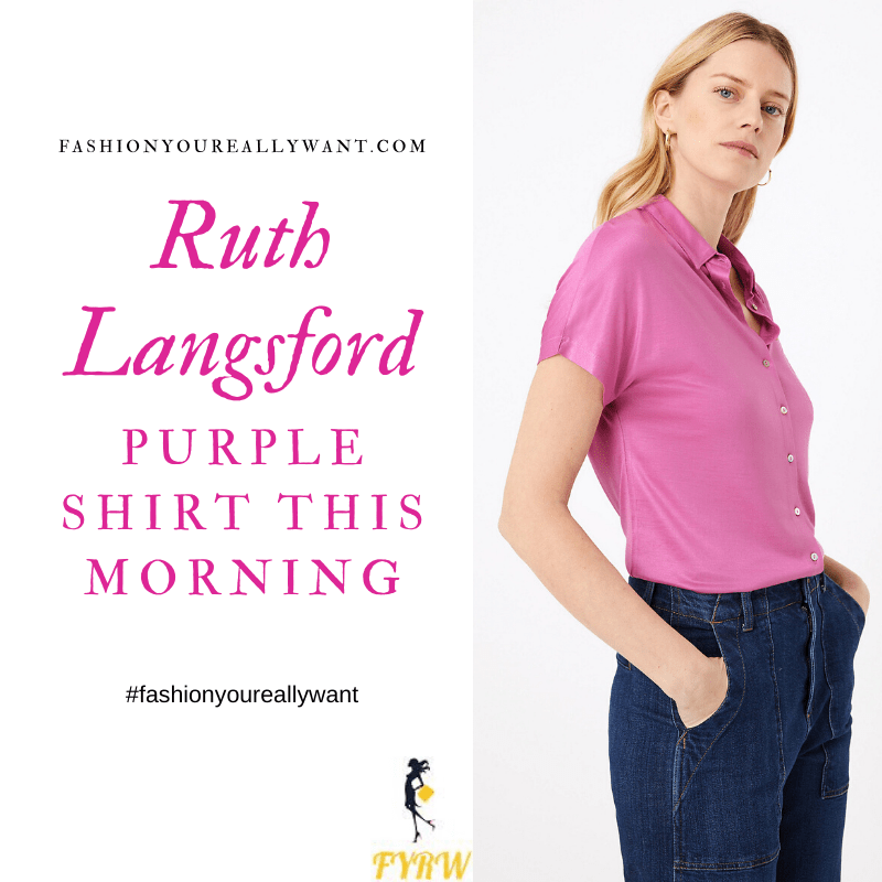 Where to get all Ruth Langsford This Morning outfits blog July 2020 purple pink short sleeve shirt black trouser
