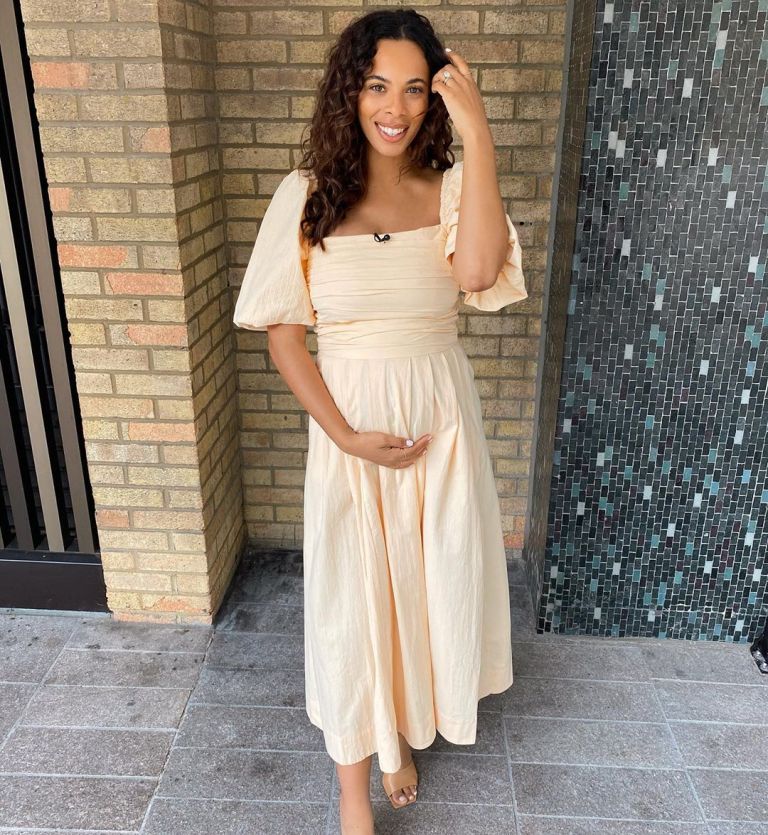 where to get all Rochelle Humes This Morning dresses peach square neck puff sleeve dress 24 July 2020 Photo Rochelle Humes
