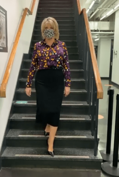 where to get all Ruth Langsford This Morning outfits black purple yellow abstract print shirt 27 July 2020 Photo Ruth Langsford