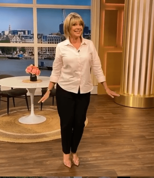 where to get all Ruth Langsford this Morning outfits pink shirt black trousers snakeskin shoes 20 July 2020 Photo Ruth Langsford