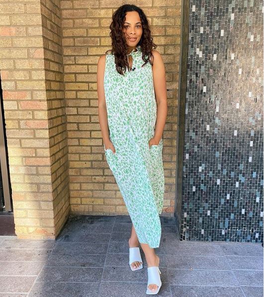 where to get Rochelle Humes This Morning outfits green white floral midi dress frill neck 31 July 2020 Photo Rochelle Humes