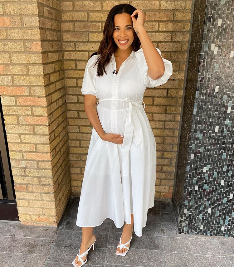 where to get Rochelle Humes This Morning white shirt dress white sandals 17 July 2020 Photo rochelle Humes