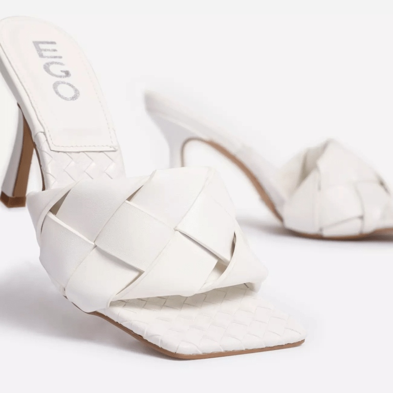 Ego Turntup Woven Square Peep Toe Mule In White Faux Leather
