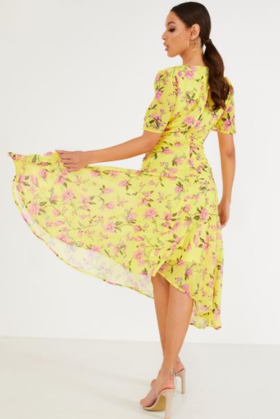 Quiz Yellow Floral Chiffon Midi Dress back view