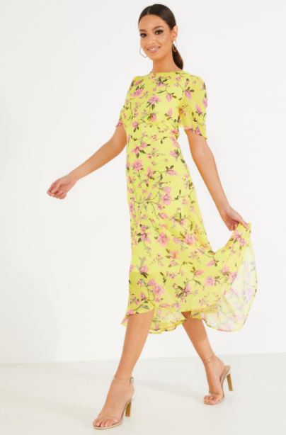 Quiz Yellow Floral Chiffon Midi Dress