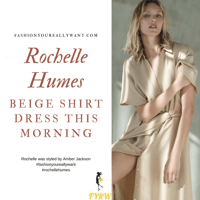 Where to get all Rochelle Humes this Morning outfits blog August 2020 beige belted midi shirt dress white woven mules