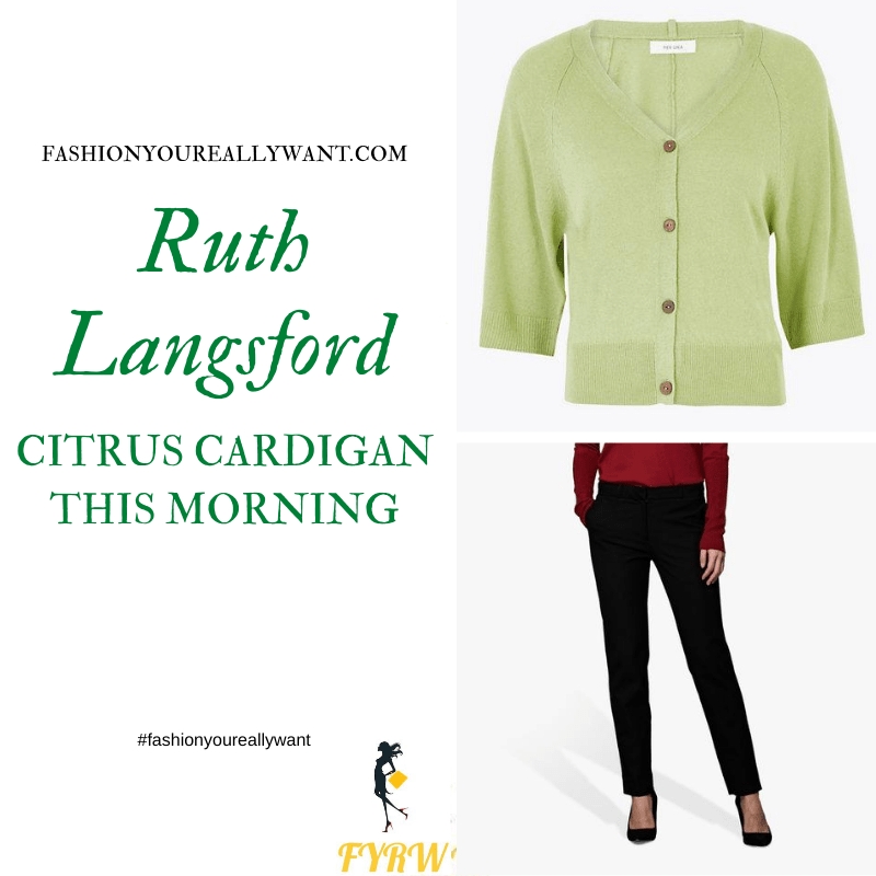 Where to get all Ruth Langsford This Morning outfits blog August 2020 green cardigan black tousers snakeskin court shoes