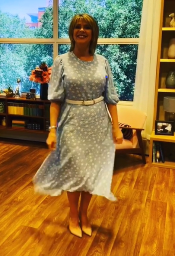 Where to get all Ruth Langsford This Morning outfits blog August 2020 blue and white daisy dress nude court shoes