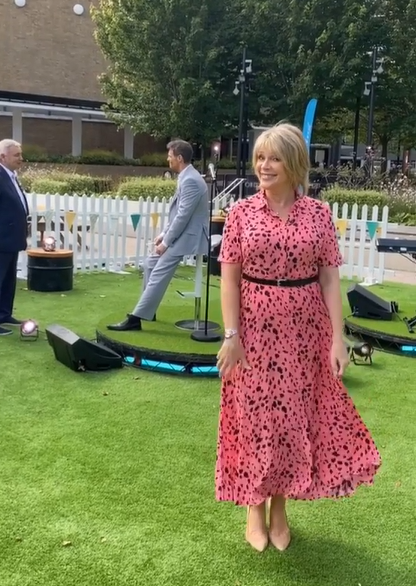 where to get all Ruth Langsford This Morning dresses pink and black spot print dress 24 August 2020 Photo Ruth Langsford