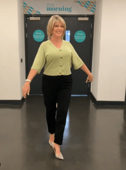where to get all Ruth Langsford this Morning outfits green cardigan black trousers 18 August 2020 Photo Ruth Langsford