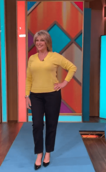 where to get all Ruth Langsford This Morning outfits yellow v neck jumper black trousers black court shoes 25 August 2020 Photo Ruth Langsford