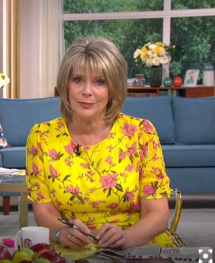 where to get Ruth Langsford This Morning dresses yellow floral chiffon dress 13 August 2020 Photo ITV