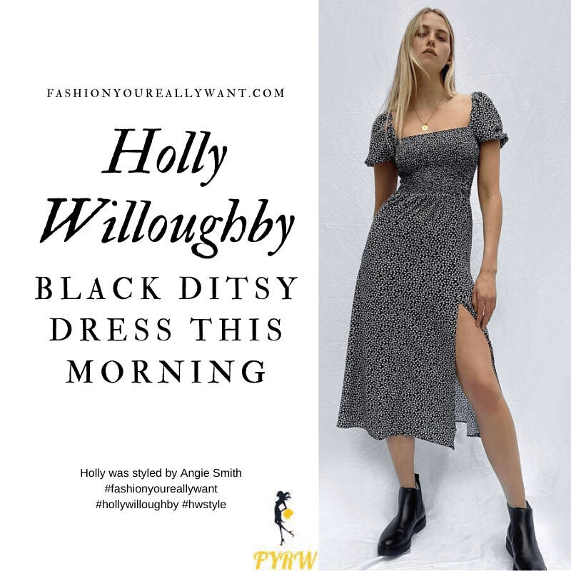 Where to get all Holly Willoughby This Morning outfits blog September 2020 black and white ditsy print square neck puff sleeve dress black suede court shoes