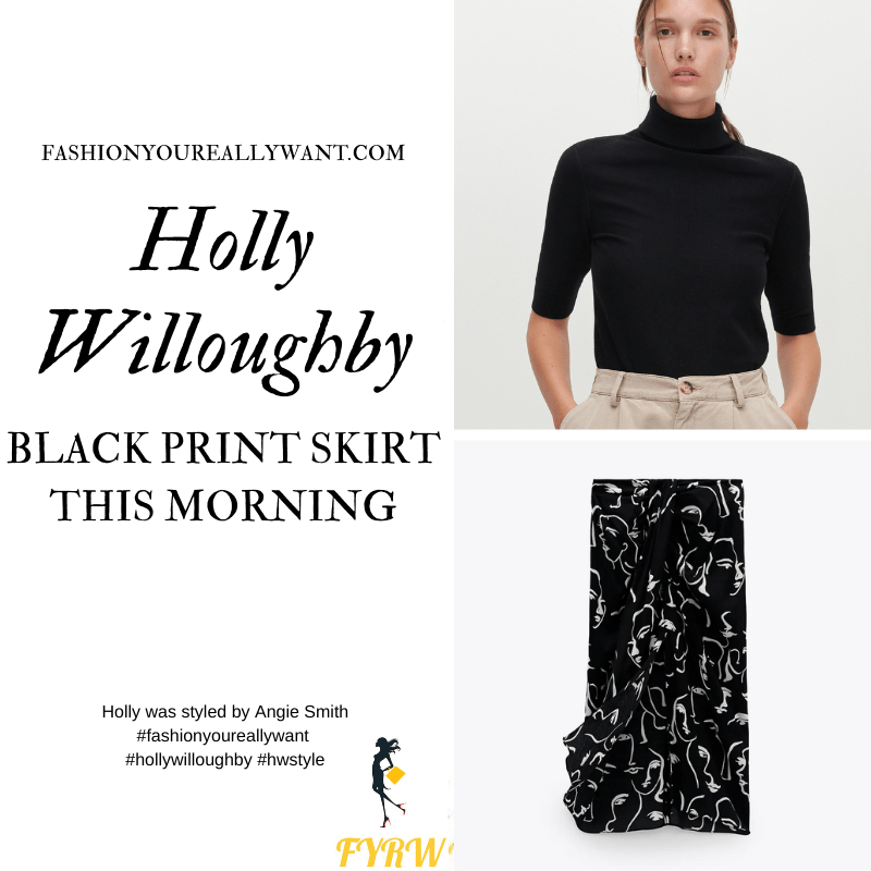 Where to get all Holly Willoughby This Morning outfits blog September 2020 black polo eck with short sleves black and white face print knot front skirt black suede court shoes